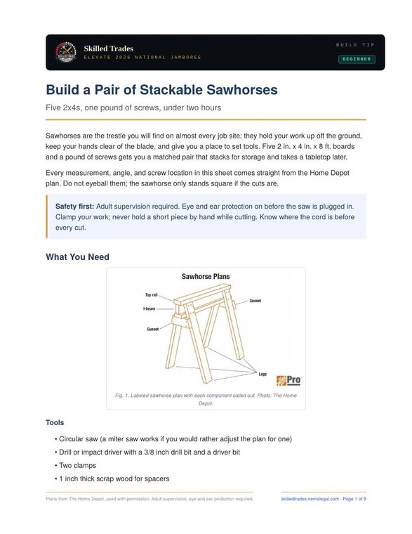 First page of the stackable sawhorses build sheet